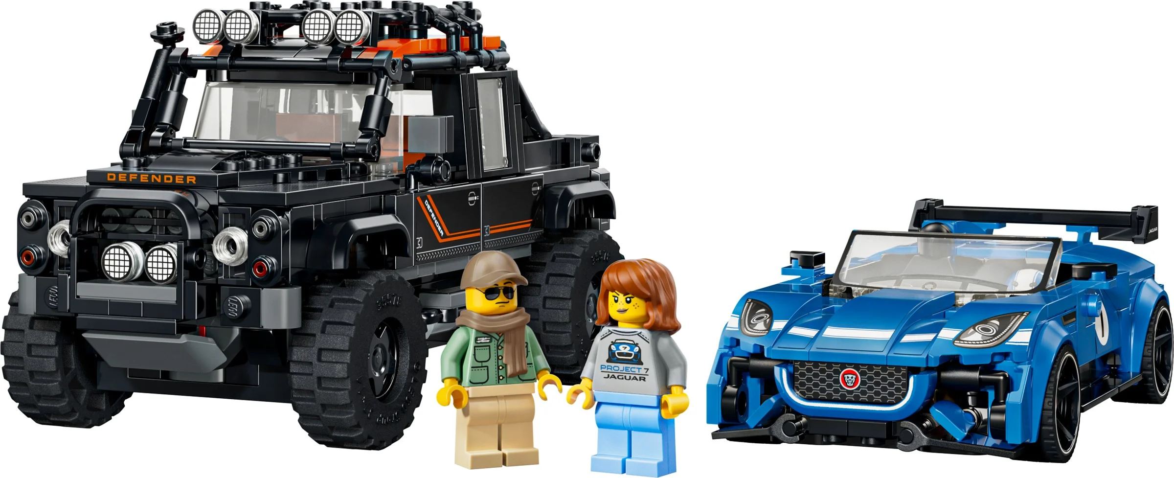 Prezentare a setului LEGO 77264, cu Land Rover Defender și Jaguar F-TYPE Project 7.