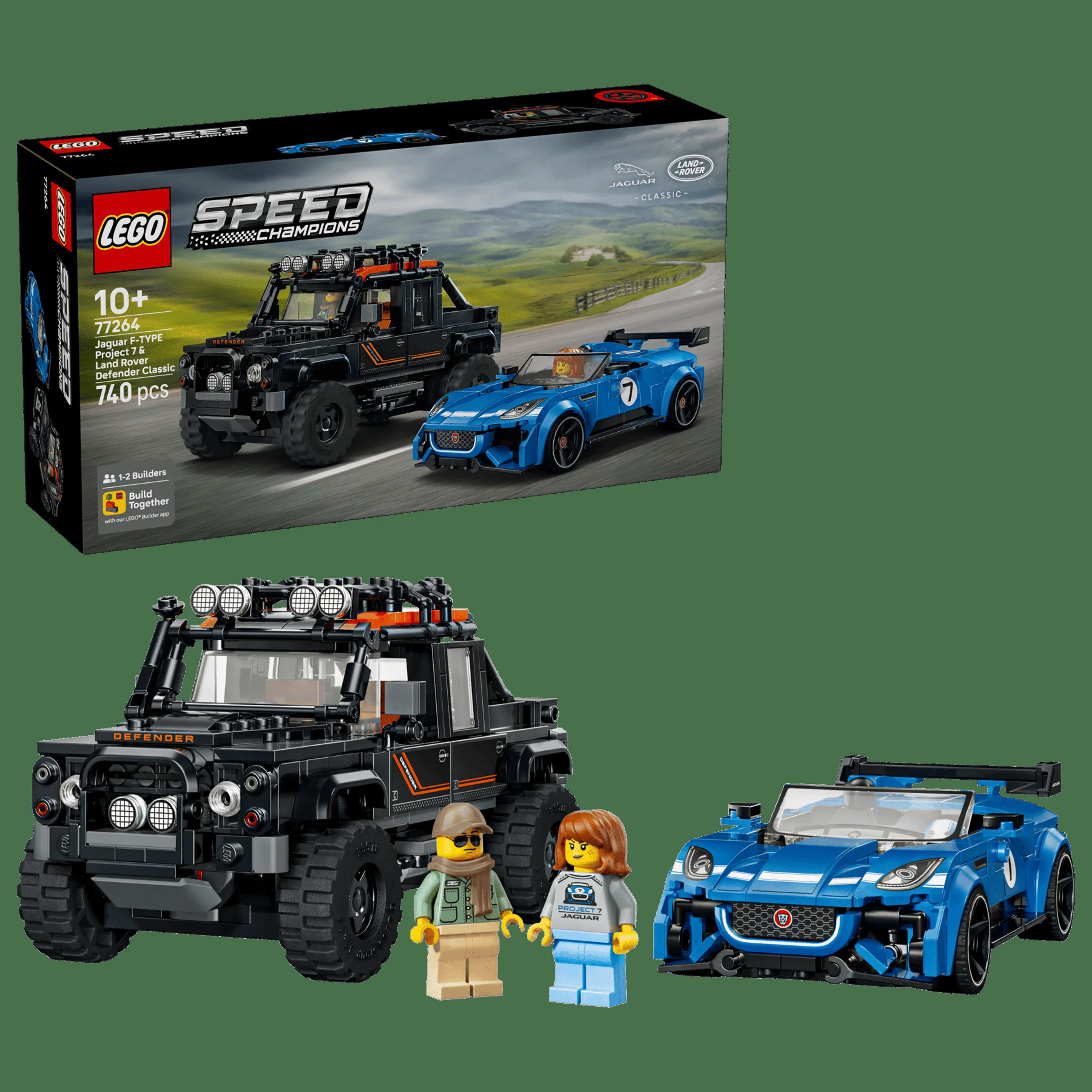 Imagine cu setul LEGO 77264, Jaguar F-TYPE și Land Rover Defender Classic, inclusiv cutia și minifigurine.