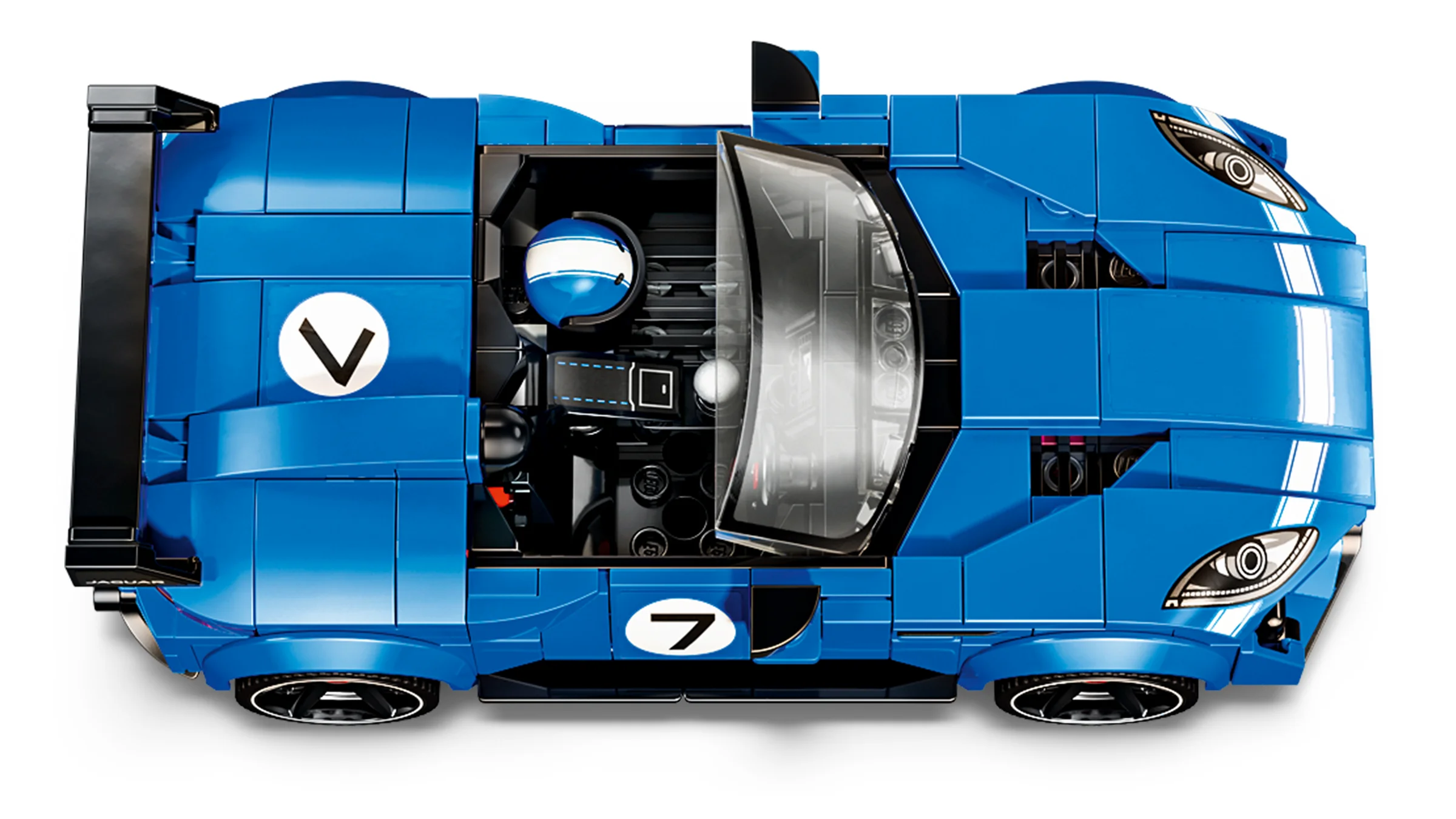 O vedere de sus detaliată a modelului Jaguar F-TYPE Project 7 albastru din LEGO.