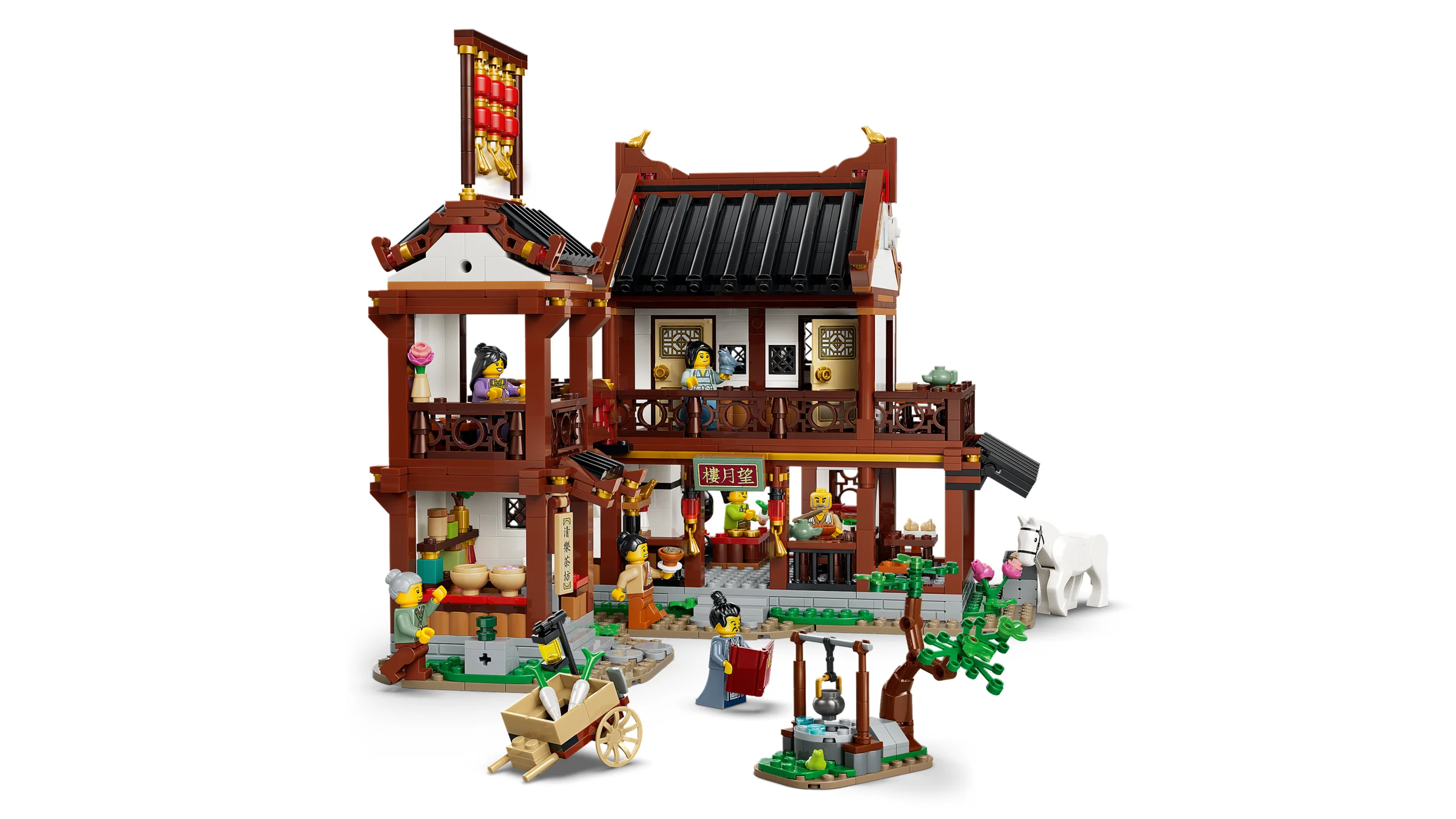 Imagine detaliată a hanului antic, cu minifigurine și detalii arhitecturale chinezești.