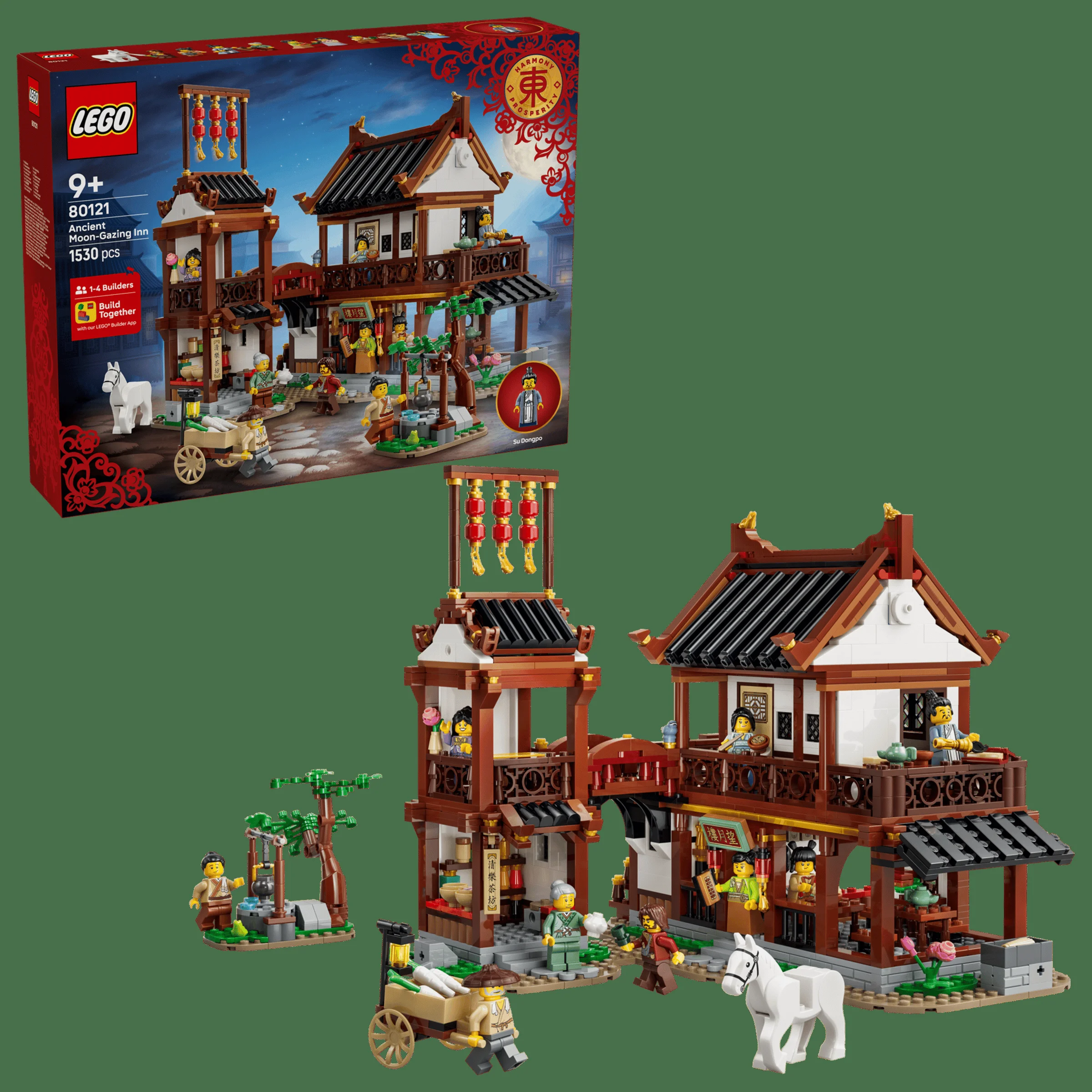 Imagine detaliată cu setul LEGO 80121, Hanul Vechi pentru Privit Luna, și cutia acestuia.