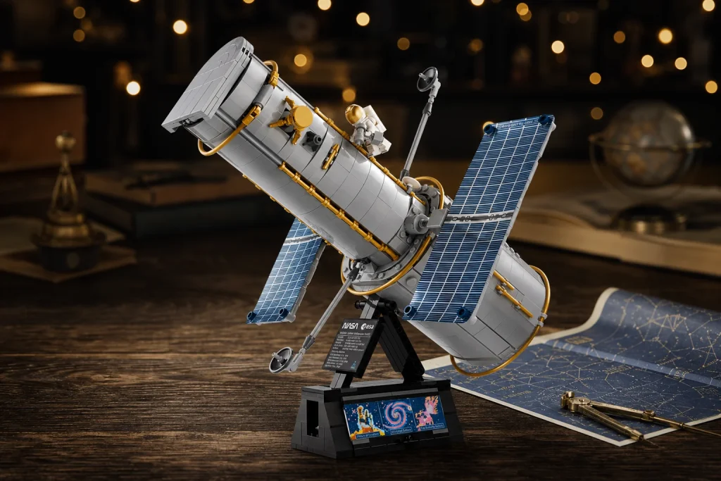 Setul LEGO Icons 11382 Telescopul spațial Hubble expus pe un banc de lucru din lemn închis, alături de o hartă stelară vintage și un compas din alamă, într-un decor cald cu luminițe difuze.