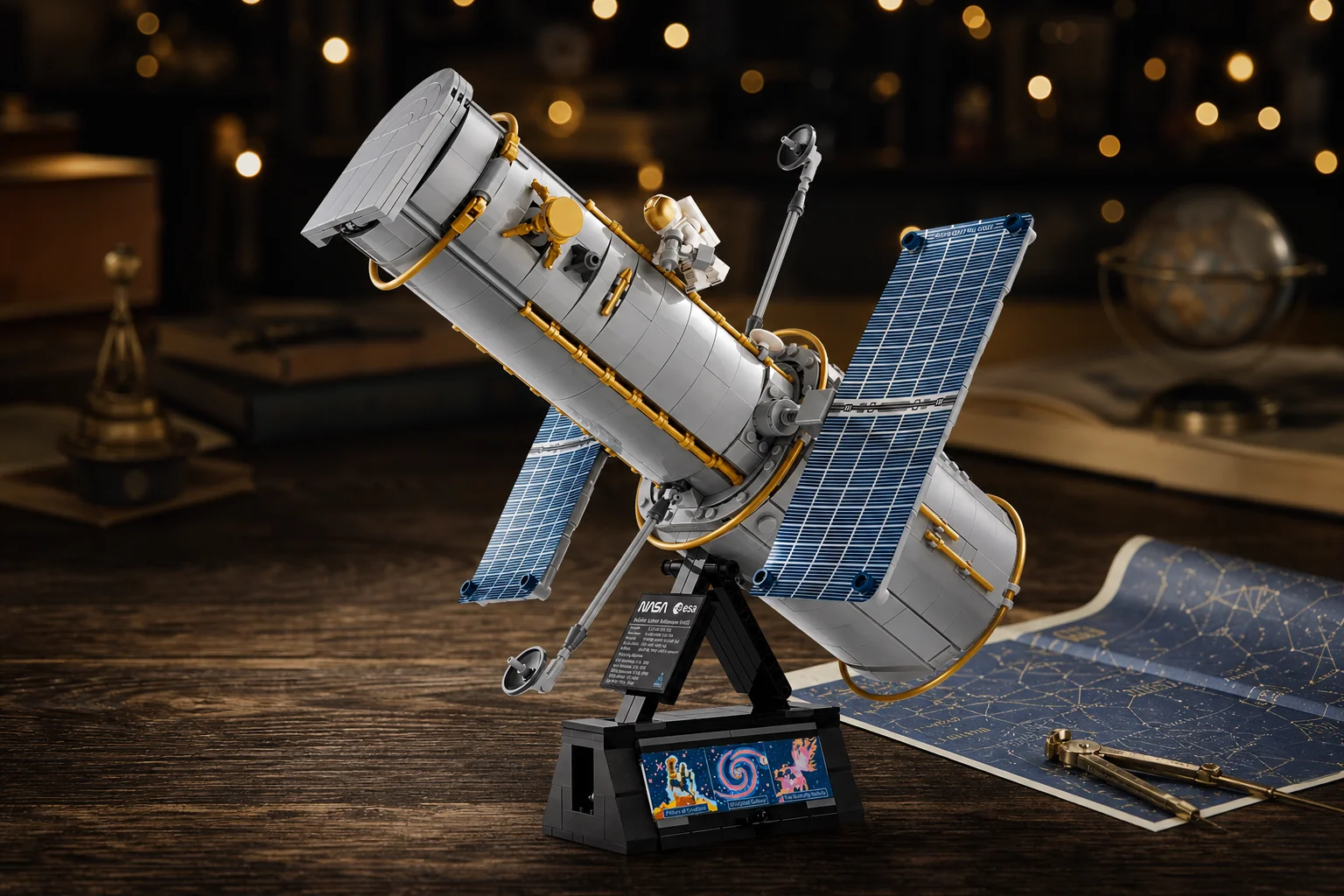 Setul LEGO Icons 11382 Telescopul spațial Hubble expus pe un banc de lucru din lemn închis, alături de o hartă stelară vintage și un compas din alamă, într-un decor cald cu luminițe difuze.