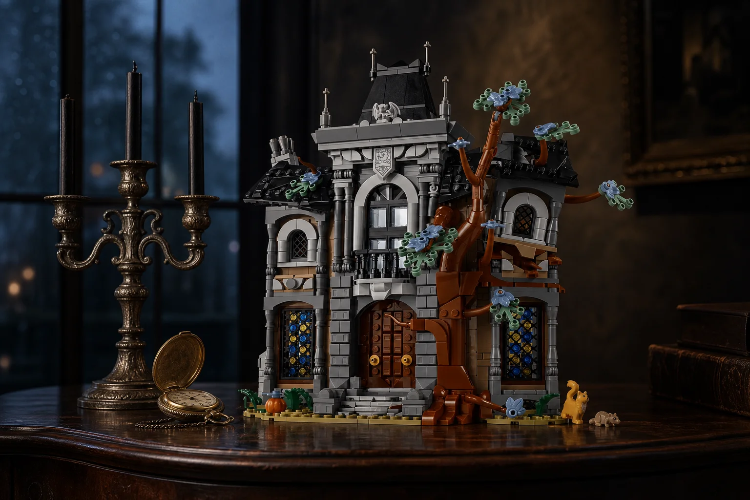 Setul LEGO Icons 11383 Conacul primarului expus pe un bufet elegant din lemn de mahon, alături de un sfeșnic argintiu și un ceas de buzunar vintage, sub o lumină misterioasă de amurg.