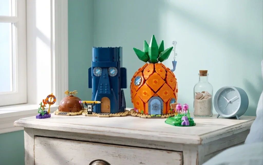 Setul LEGO Icons 11386 SpongeBob SquarePants: Bikini Bottom expus pe o noptieră albă din lemn, în lumina răcoroasă a dimineții, alături de un ceas deșteptător și o sticluță cu nisip.