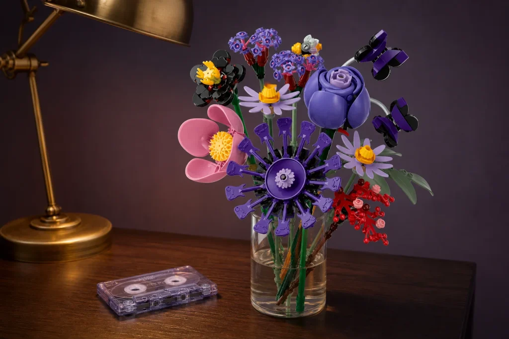 Setul LEGO Botanicals 11507 Buchet de flori Olivia Rodrigo, așezat într-o vază de sticlă pe un birou din lemn închis, luminat dramatic de o lampă și însoțit de o casetă audio mov.