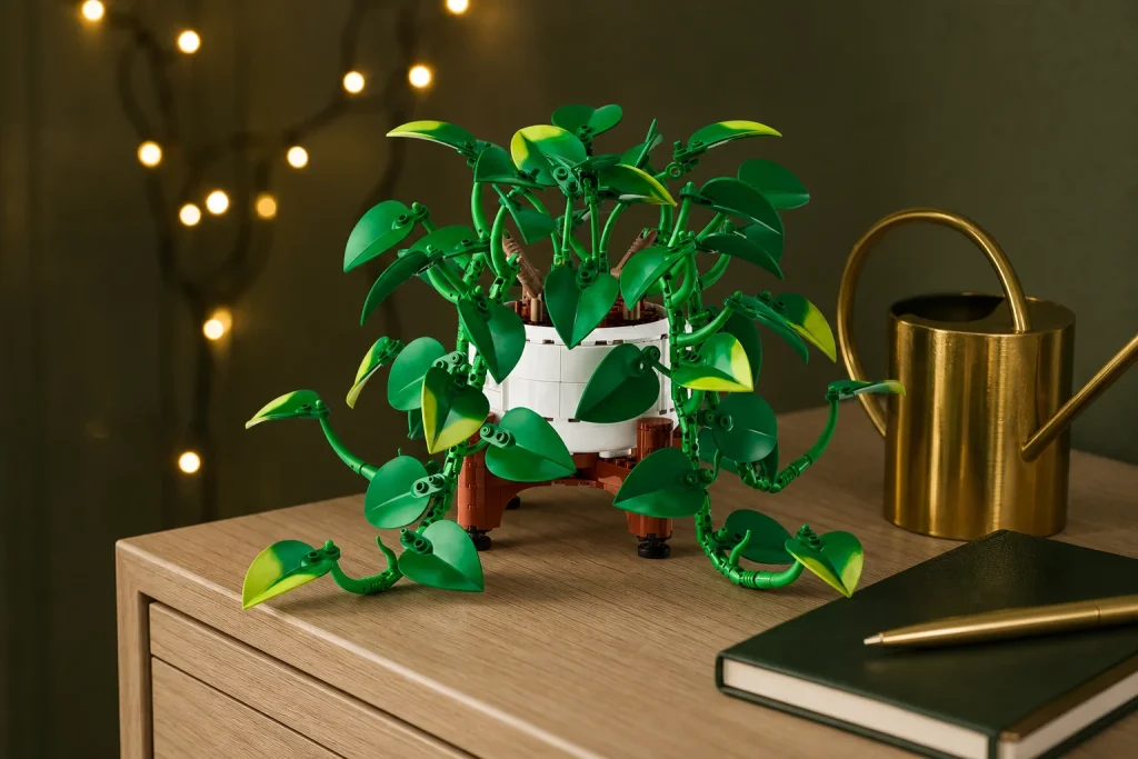 Setul LEGO Botanicals 11512 Pothos auriu suspendat este expus pe colțul unui dulap de birou din lemn de frasin, cu frunzele sale detaliate revărsându-se elegant, pe un fundal cald cu ghirlande luminoase difuze.