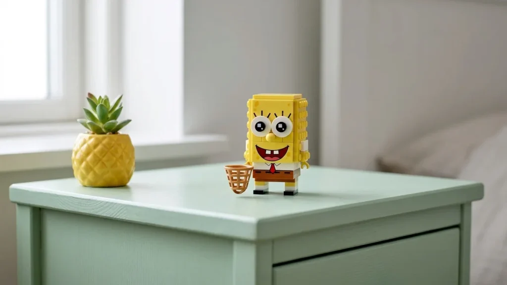 Figurina LEGO BrickHeadz 40858 SpongeBob SquarePants așezată pe o noptieră verde-mentă, luminată de lumina naturală difuză, alături de un mini ghiveci în formă de ananas.