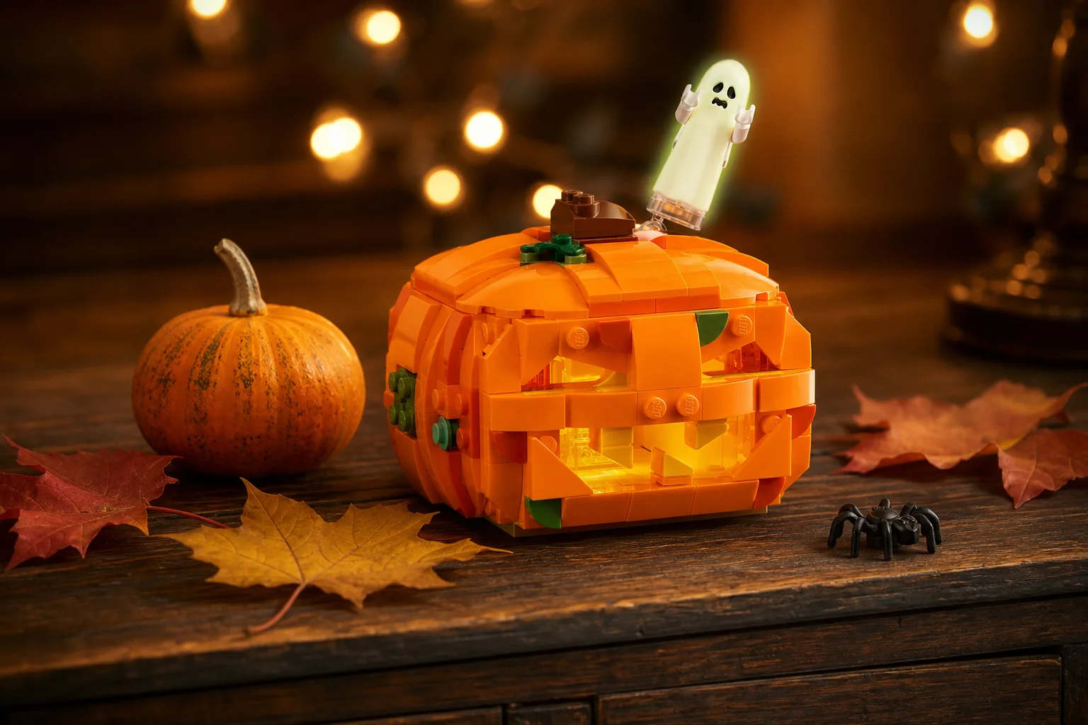 Setul LEGO 40872 Felinar dovleac de Halloween expus pe o comodă din lemn de stejar, decorat cu dovleci ornamentali, frunze uscate și luminițe calde cu efect bokeh în fundal.