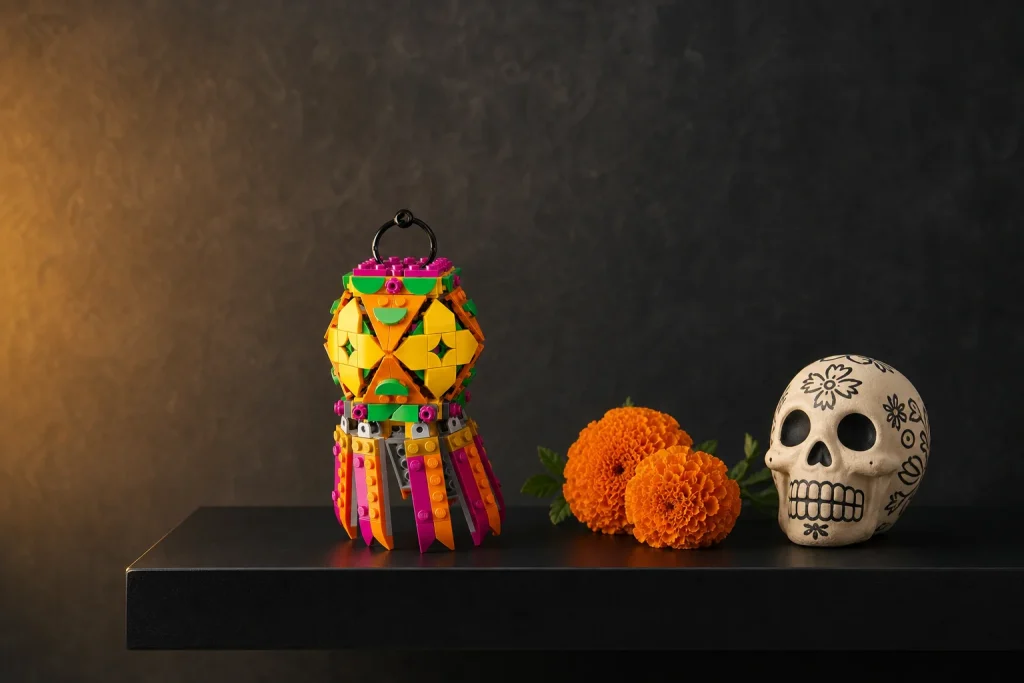 Setul LEGO 40873 Felinar colorat este expus pe un raft plutitor negru mat, alături de flori de gălbenele portocalii și un mic craniu ceramic decorativ, sub o lumină caldă de studio.
