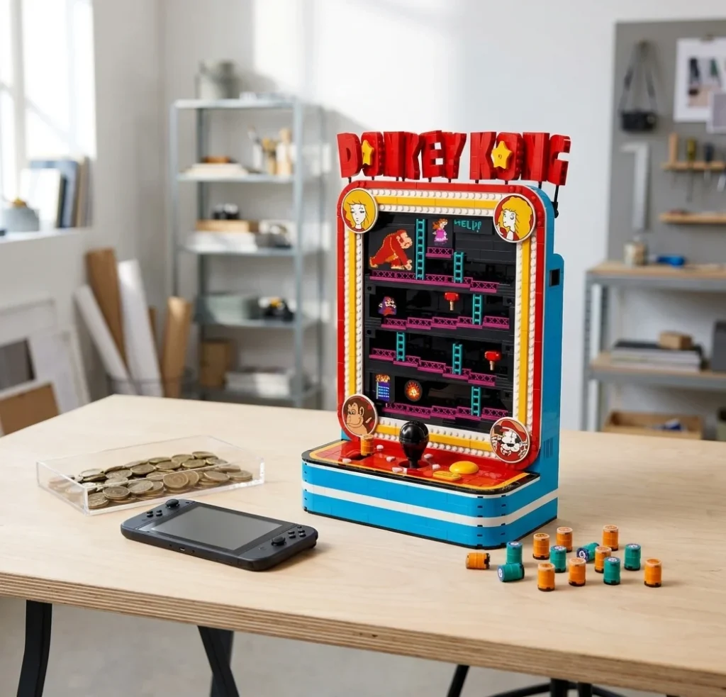 Setul LEGO Super Mario 72051 Aparatul arcade Donkey Kong este prezentat pe un banc de lucru din mesteacan, in lumina stralucitoare a diminetii, alaturi de fise de joc vintage.
