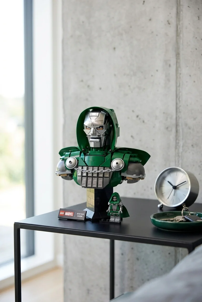 Bustul LEGO 76345 Doctor Doom expus pe o noptieră modernă din metal negru, în lumina clară a dimineții, alături de un ceas argintiu de masă.
