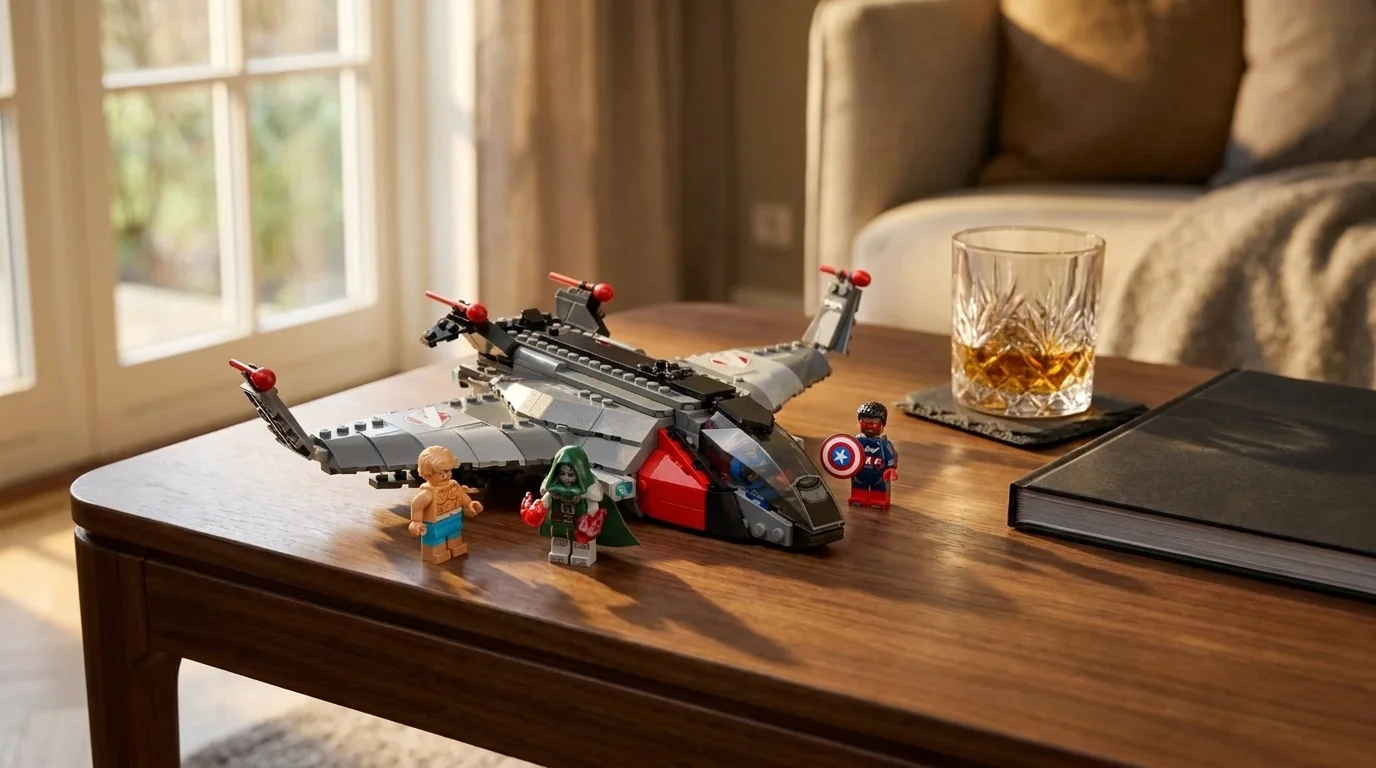 Setul LEGO Marvel 76347 Quinjetul Răzbunătorilor: Doomsday expus pe o măsuță de cafea din lemn de nuc, în lumina caldă a apusului.