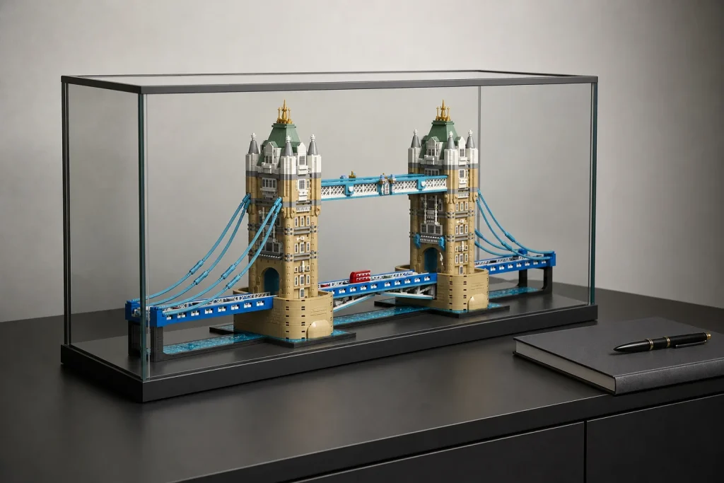 Setul LEGO Architecture Tower Bridge protejat de o casetă din sticlă pe o comodă minimalistă neagră, alături de un album de arhitectură și un stilou elegant.