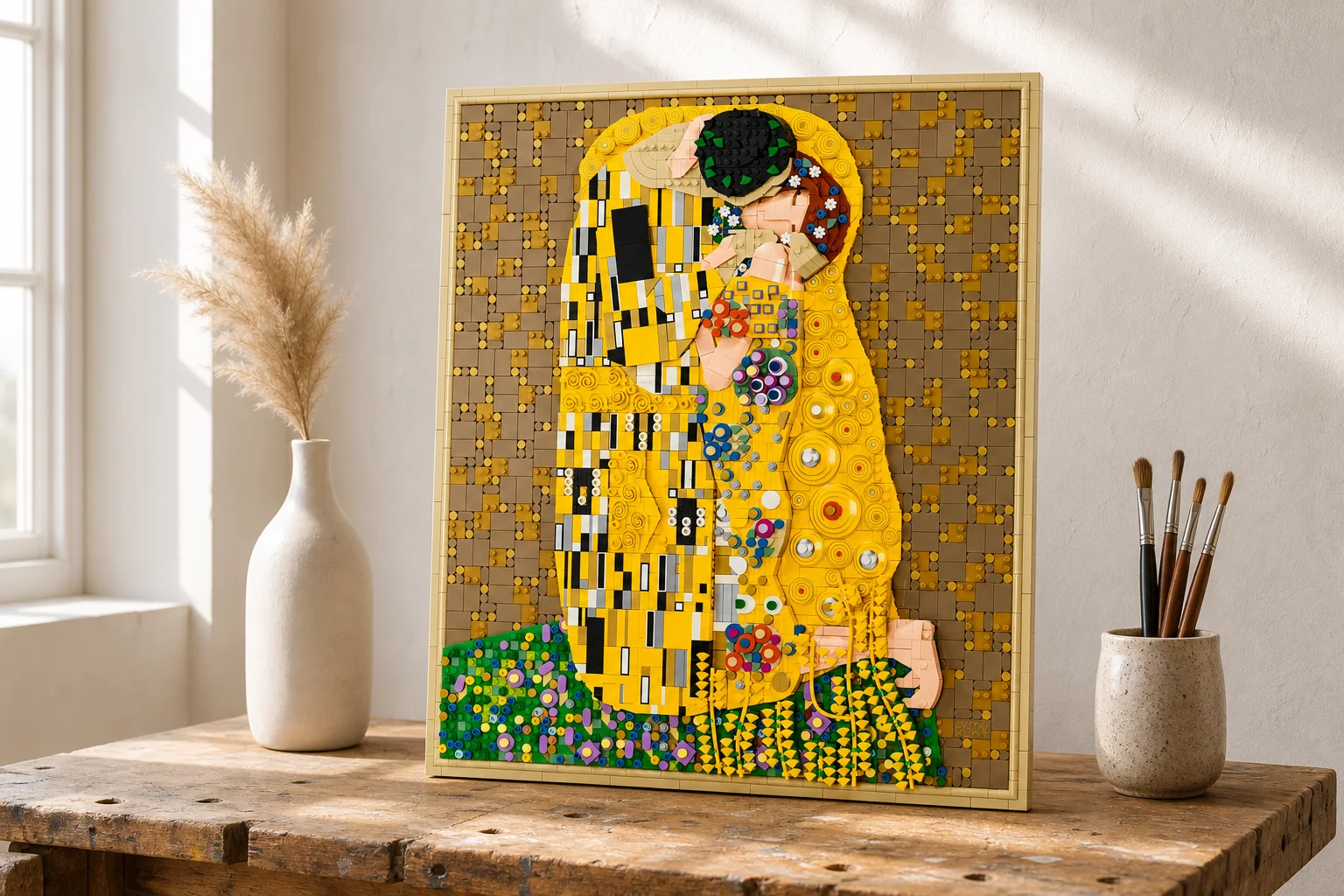 Setul LEGO Art 31221 Gustav Klimt - Sărutul expus pe un banc de lucru din lemn într-un atelier de artă luminos, alături de pensule și decor minimalist.