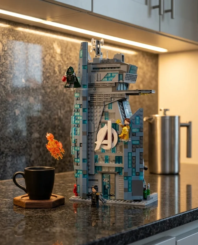 Setul LEGO Avengers Tower 76352 expus pe un blat de bucatarie din granit gri inchis, sub o lumina calda de seara, langa o cana de espresso neagra.