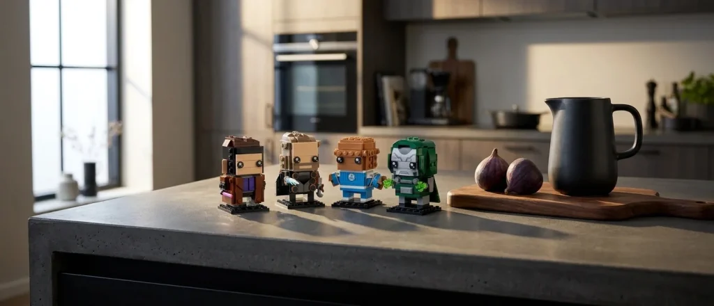 Setul LEGO BrickHeadz 40880 Răzbunătorii: Eroii și Răufăcătorul din Doomsday, așezat pe o insulă de bucătărie din beton gri închis, luminat dramatic din lateral.