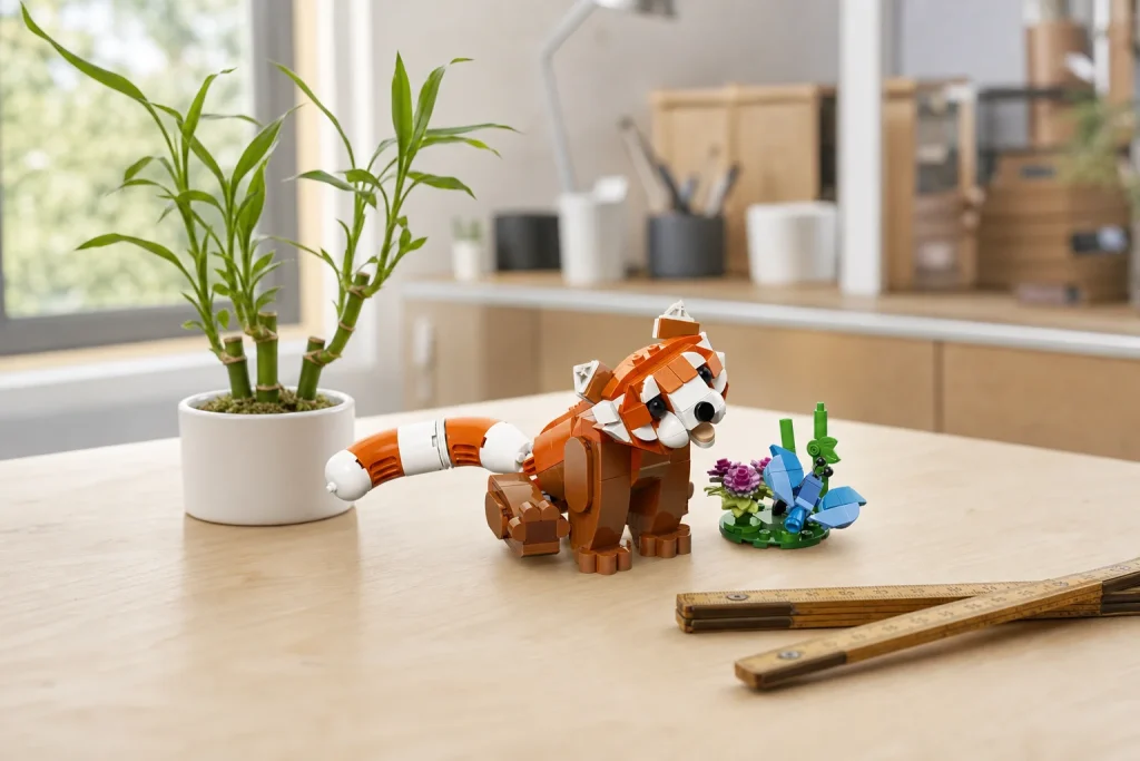 Modelul LEGO Creator 31394 Panda roșu așezat pe un banc de lucru din lemn deschis, luminat de lumina naturală a zilei, alături de o mică plantă de bambus și o riglă pliabilă din lemn.