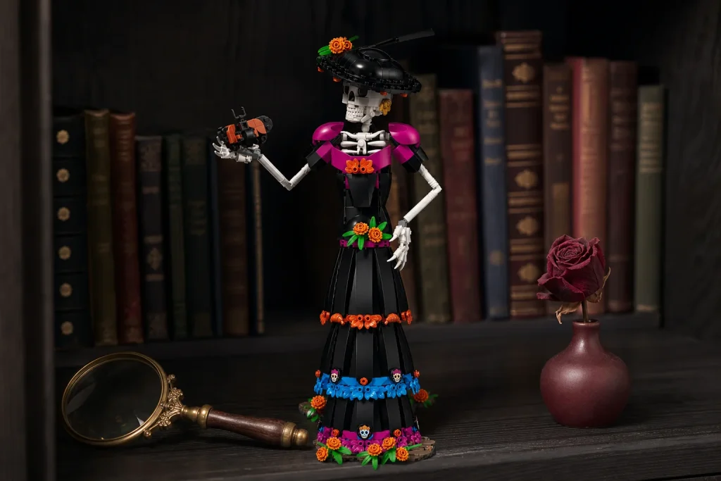 Setul LEGO Ideas 21372 La Catrina expus pe un raft de bibliotecă din lemn de culoare cărbunelui, luminat dramatic din lateral, alături de o lupă de alamă și o vază mică cu un trandafir uscat.