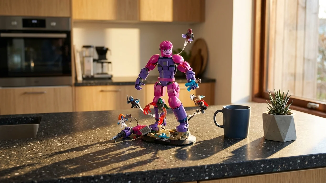 Setul LEGO Marvel Avengers: Doomsday prezentat pe un blat de bucătărie modern din terrazzo închis, sub lumina caldă a apusului, alături de o cană albastră și o mică plantă suculentă.