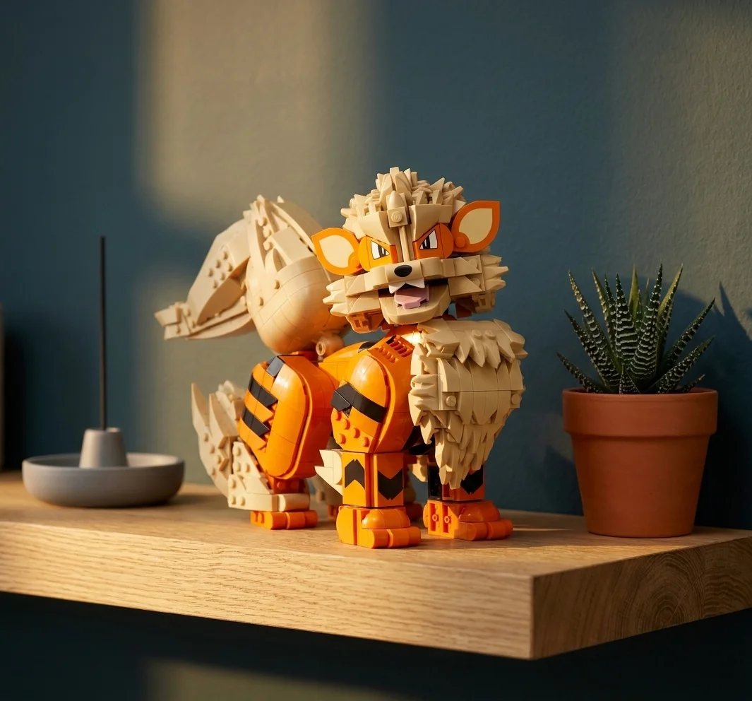 Sculptura detaliată LEGO Pokémon 72160 Arcanine expusă pe un raft modern de lemn, pusă în valoare de lumina caldă a apusului.