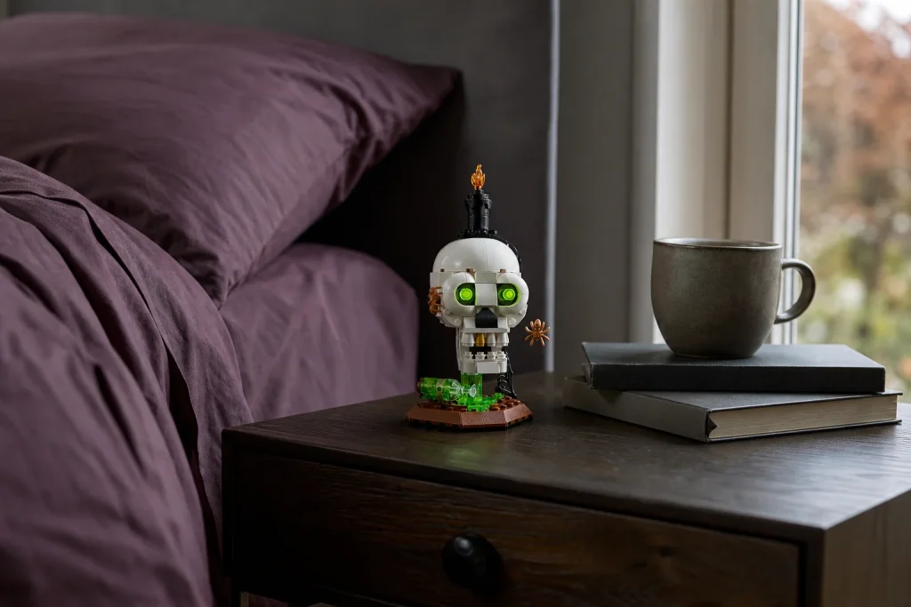 Setul LEGO Seasonal 40883 Lumânare cu craniu de Halloween este expus pe o noptieră din lemn de pin, într-un decor de dormitor luminat difuz de o zi de toamnă înnorată.