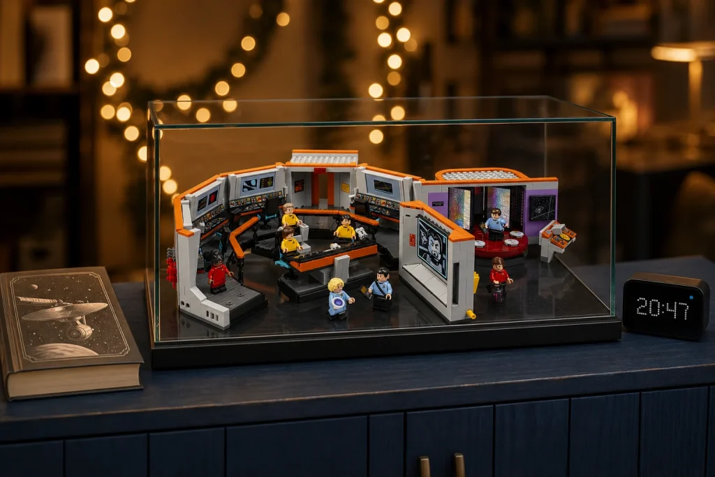 Setul LEGO Icons 11385 Star Trek Puntea U.S.S. Enterprise expus elegant într-o casetă de sticlă pe o credență modernă, sub o lumină caldă cu efect de bokeh din ghirlande luminoase.