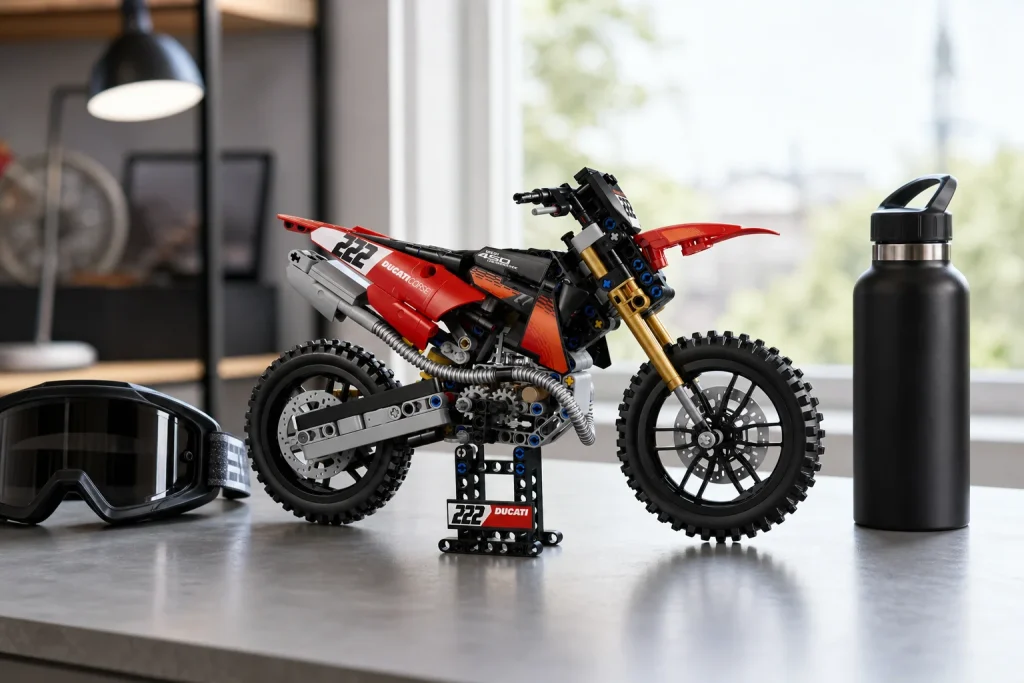 Modelul LEGO Technic 42238 Motocicleta Ducati Desmo450 MX Factory este expus pe un birou metalic modern în lumină naturală strălucitoare, alături de o pereche de ochelari de motocros.