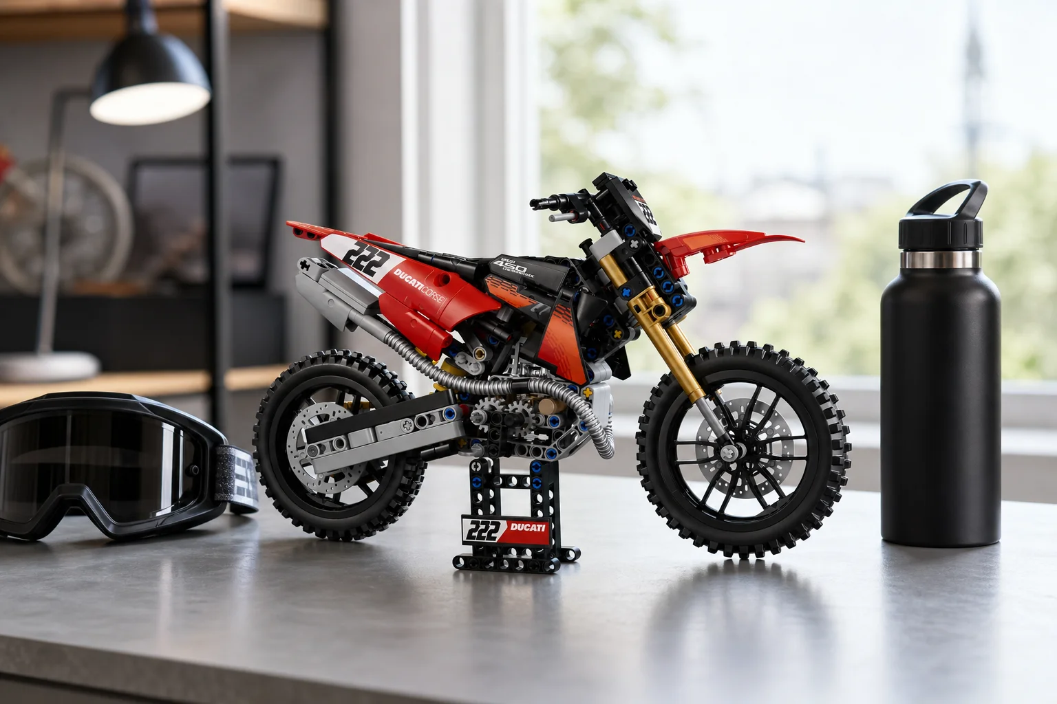 Modelul LEGO Technic 42238 Motocicleta Ducati Desmo450 MX Factory este expus pe un birou metalic modern în lumină naturală strălucitoare, alături de o pereche de ochelari de motocros.