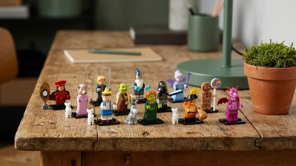 Minifigurile LEGO Shrek prezentate pe un birou rustic din lemn de pin, lângă un vas mic de lut cu mușchi natural de pădure, iluminate de o lumină moale de studio.