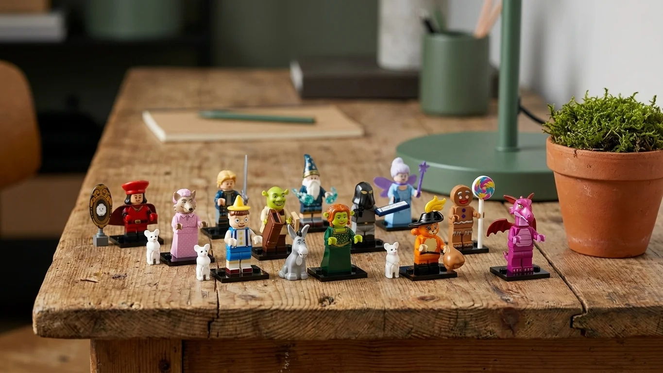 Minifigurile LEGO Shrek prezentate pe un birou rustic din lemn de pin, lângă un vas mic de lut cu mușchi natural de pădure, iluminate de o lumină moale de studio.