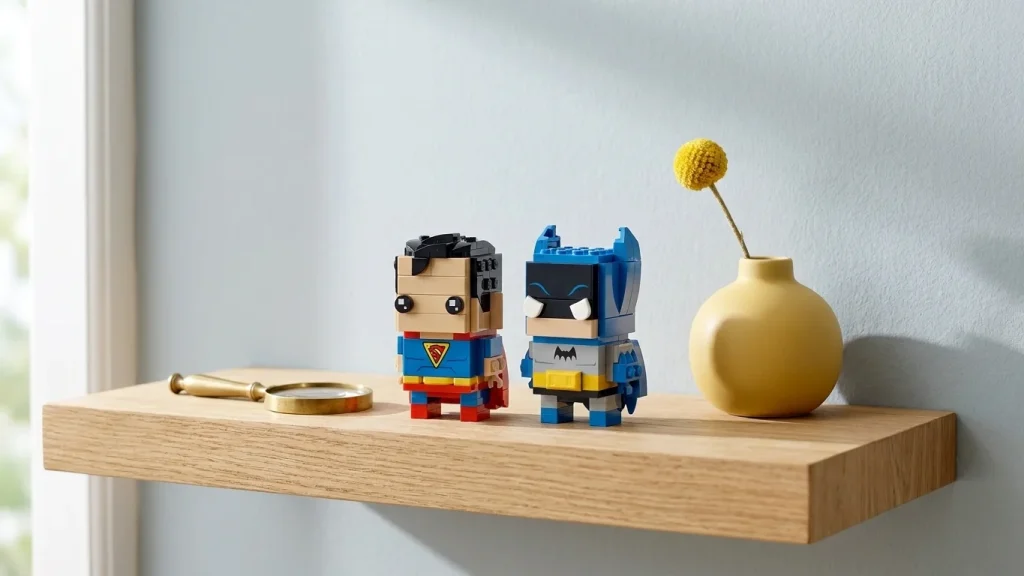 Setul LEGO BrickHeadz Superman și Batman din Epoca de Aur expus pe un raft flotant din lemn de stejar, luminat de o lumină naturală caldă și strălucitoare de dimineață.