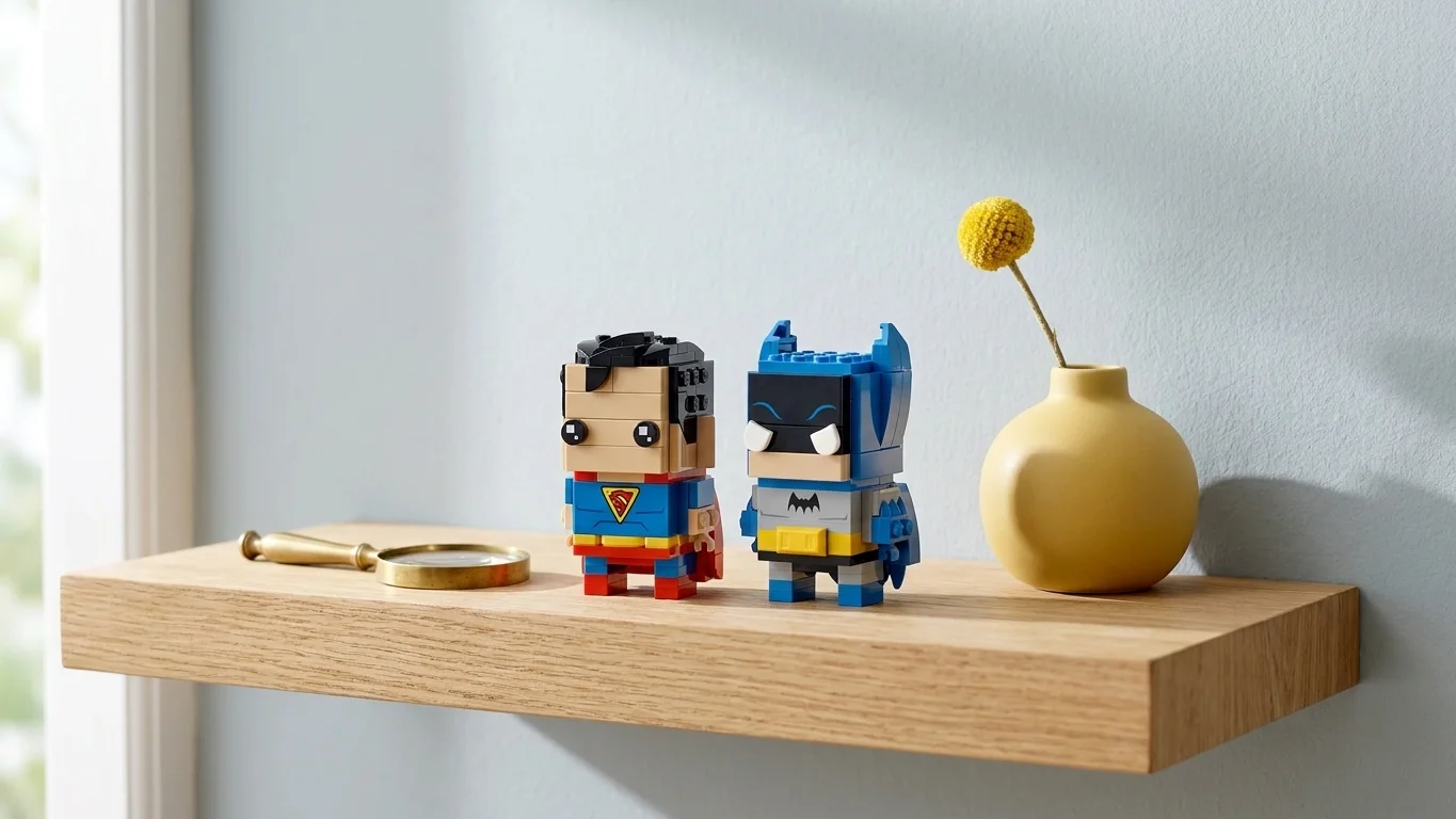 Setul LEGO BrickHeadz Superman și Batman din Epoca de Aur expus pe un raft flotant din lemn de stejar, luminat de o lumină naturală caldă și strălucitoare de dimineață.