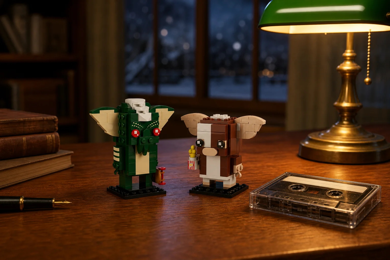Figurinele LEGO BrickHeadz Gizmo și Stripe din setul 40919 sunt expuse pe un birou retro din lemn de tec, iluminate cald de o lampă de birou, alături de o casetă audio veche.