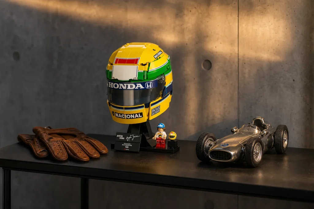 Setul LEGO 43024 Casca lui Ayrton Senna expus pe o consolă metalică neagră, sub o lumină caldă de apus, alături de o mașină de curse în miniatură și mănuși de piele.