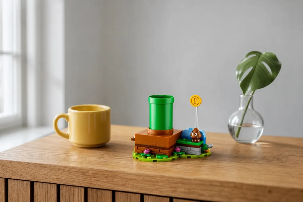Setul compact LEGO Super Mario 72052 Saltul din conductă al lui Mario este expus pe o comodă din stejar natural, luminat de lumina rece a dimineții, alături de o mică ceașcă galbenă de espresso.