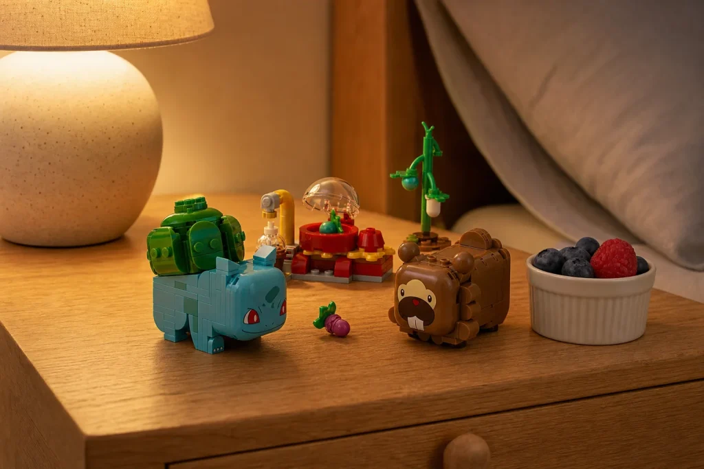 Setul LEGO Pokémon 72155 Aventura cu fructe a lui Bulbasaur și Bidoof pe o noptieră caldă din lemn de stejar, luminat difuz de o veioză de seară, alături de un bol mic cu afine proaspete.