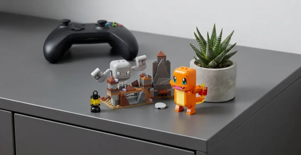 Setul LEGO Pokémon 72157 Confruntarea din peșteră așezat pe un dulap de birou modern, alături de un controller de jocuri și o plantă suculentă mică, sub o lumină neutră de studio.