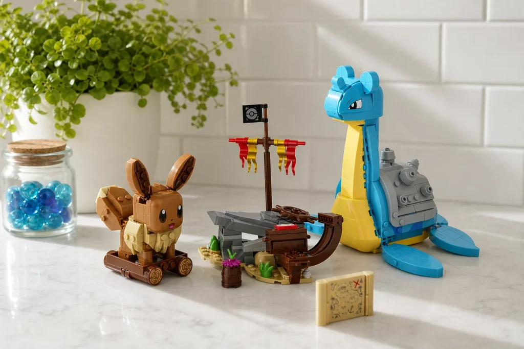 Setul LEGO Pokémon Vânătoarea de comori a lui Eevee și Lapras expus pe un blat de bucătărie din cuarț alb, sub o lumină naturală strălucitoare, alături de un ghiveci cu ferigă și un borcan cu pietre decorative.