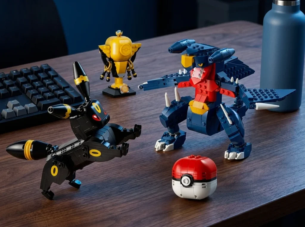 Setul de luptă LEGO Pokémon 72165 Umbreon contra Garchomp pe un birou de gaming din lemn de nuc închis, sub o lumină laterală dramatică.