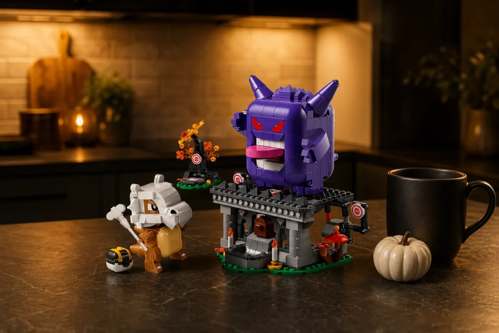 Setul LEGO 72166 Cubone și Gengar pe un blat de bucătărie din ardezie închisă la culoare, într-o lumină caldă de seară, decorat cu un dovleac ceramic alb și o cană neagră.