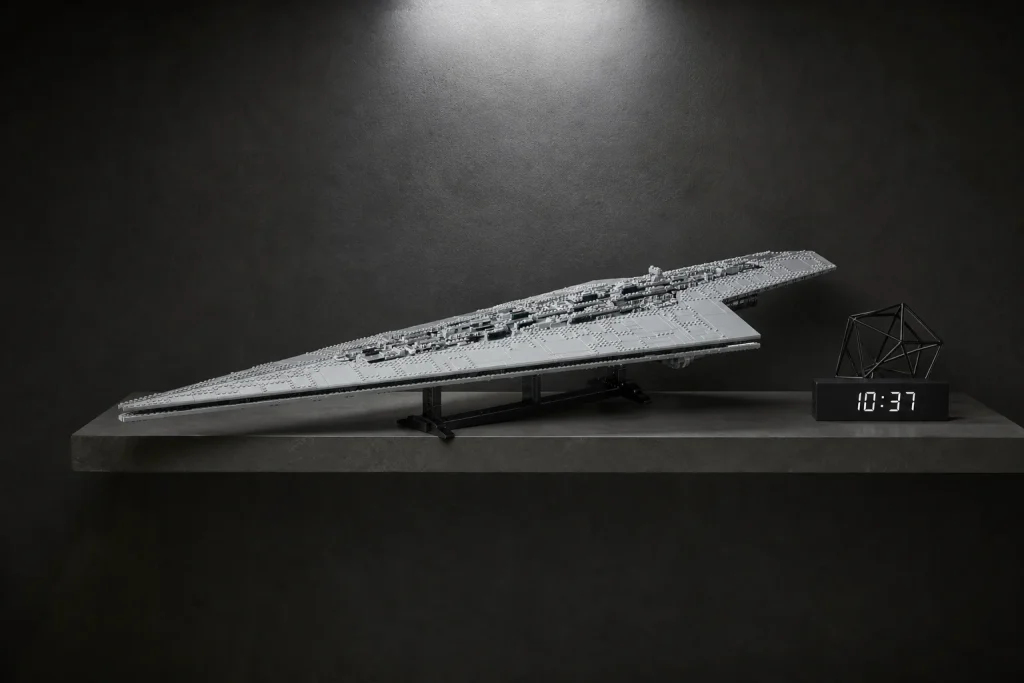 Modelul masiv LEGO Star Wars 75457 Super Distrugător Stelar Executor expus pe un raft modern din beton cărbune, sub o lumină dramatică de tip reflector.