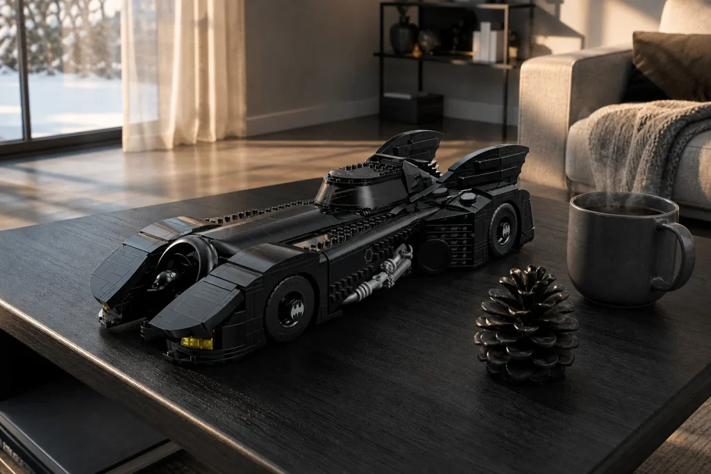 Macheta LEGO 76355 Batmobil din Batman Returns așezată pe o măsuță de cafea neagră, sub lumina caldă a apusului de iarnă.