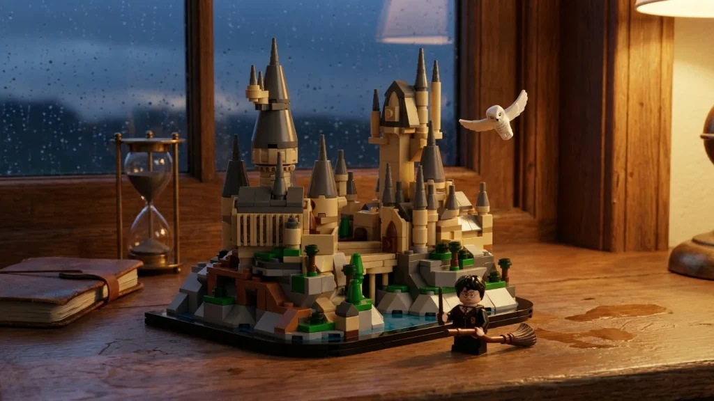 O fotografie detaliată a setului LEGO Mini Castelul Hogwarts expus pe un glaf de lemn de stejar, luminat de lumina caldă a unei lămpi de seară, având alături un jurnal din piele și o clepsidră vintage.