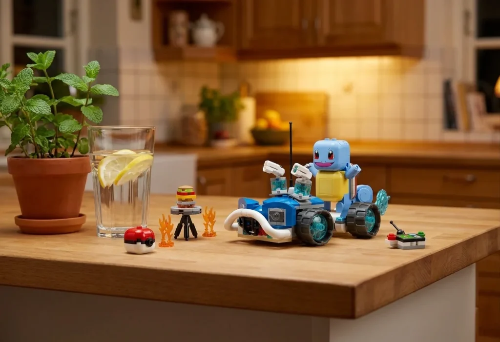 Setul LEGO Pokémon 72156 Aventura în buggy a Antrenorului cu Squirtle este expus pe un blat de bucătărie din lemn de fag, luminat cald de o lampă de seară, alături de o mentă în ghiveci.