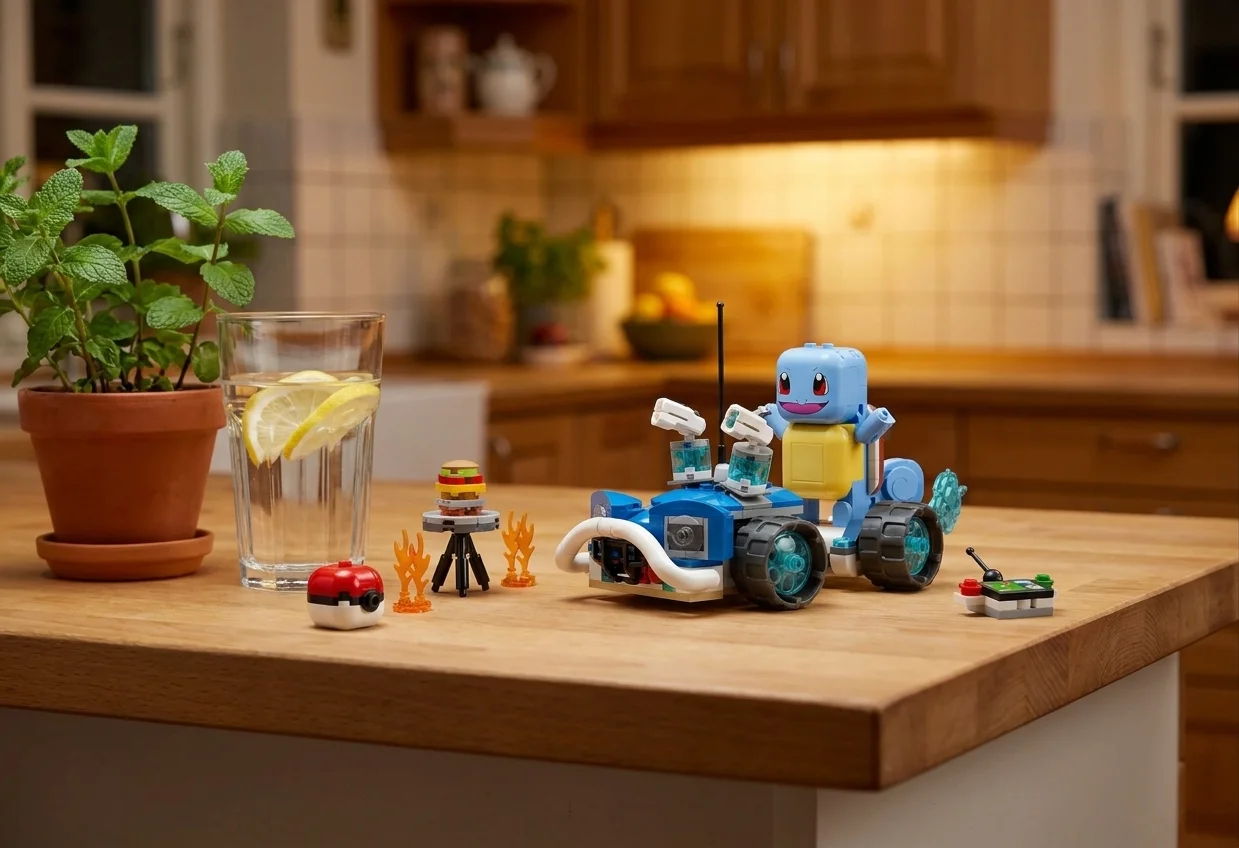 Setul LEGO Pokémon 72156 Aventura în buggy a Antrenorului cu Squirtle este expus pe un blat de bucătărie din lemn de fag, luminat cald de o lampă de seară, alături de o mentă în ghiveci.