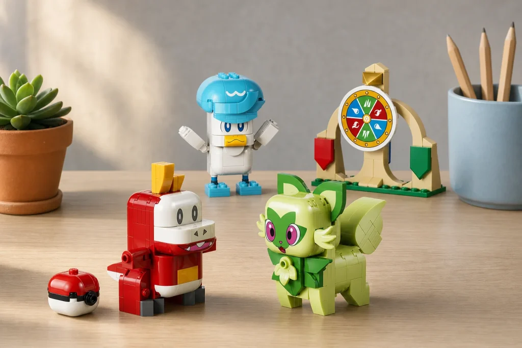 Setul LEGO Pokémon 72158 reprezentând bătălia dintre Sprigatito, Fuecoco și Quaxly, expus pe un birou din lemn de frasin în lumina caldă a după-amiezii.