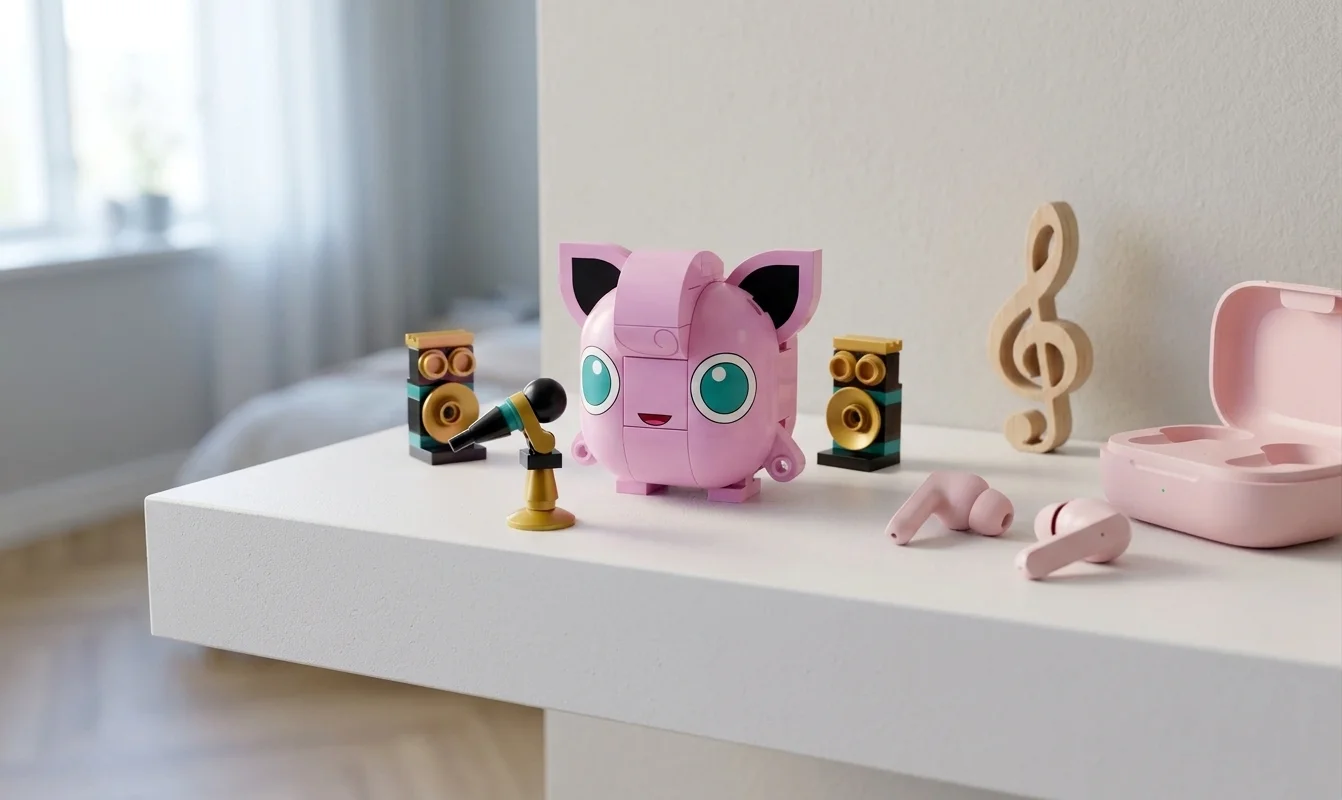 Setul LEGO Pokémon 72159 Concertul lui Jigglypuff este expus pe un raft alb suspendat, într-o lumină naturală de dimineață, alături de o pereche de căști wireless roz și un ornament muzical din lemn.