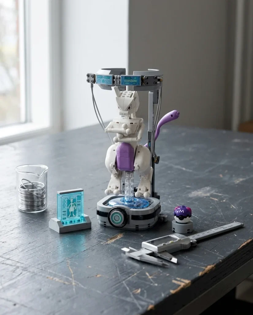 Setul LEGO Pokémon Evadarea din laborator a lui Mewtwo pe un banc de lucru gri închis, alături de un șubler digital și un pahar Berzelius, sub o lumină naturală difuză.