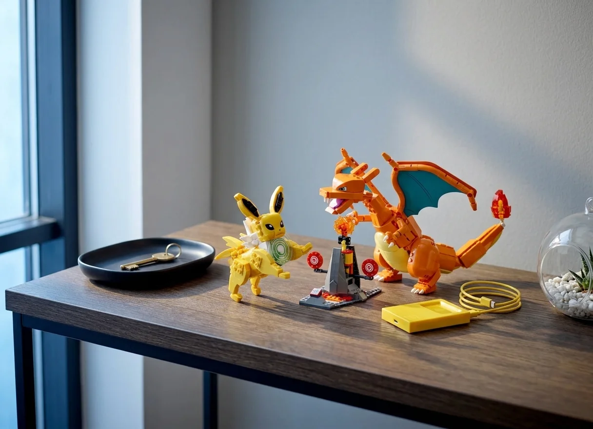 Setul LEGO Pokémon 72167 Bătălia supremă Charizard vs. Jolteon expus pe o consolă modernă de hol din lemn închis, sub o lumină rece de dimineață.